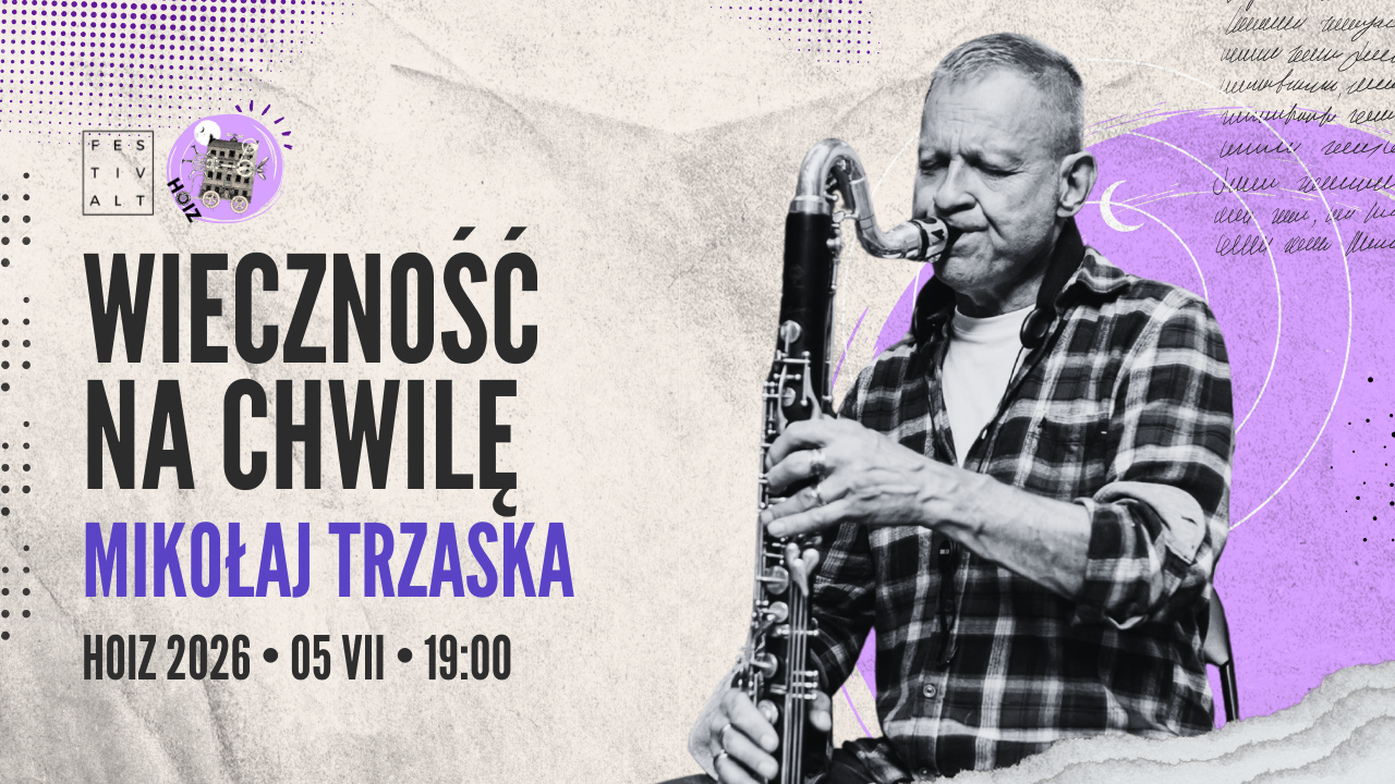 Grafika przedstawiająca zaproszenie na koncert Mikołaja Trzaski w ramach wydarzenia FestivALT 2026.