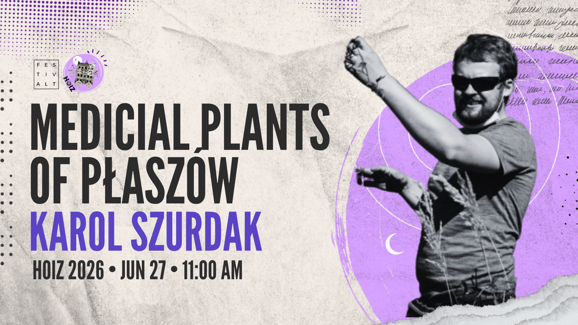 Grafika przedstawiająca spacer i warsztaty prowadzone przez Karola Szurdaka w trakcie 10. edycji FestivALTu.