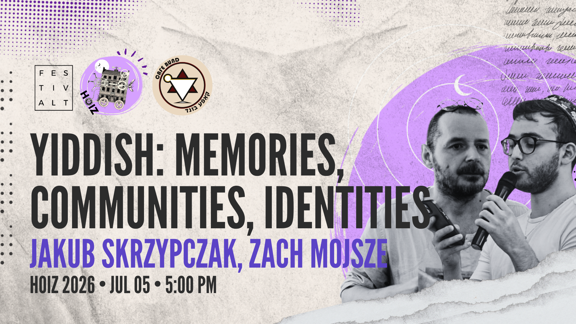 Grafika przedstawiająca zaproszenie na wydarzenie Jidysz: pamięci, wspólnoty, tożsamości w ramach wydarzenia FestivALT 2026.