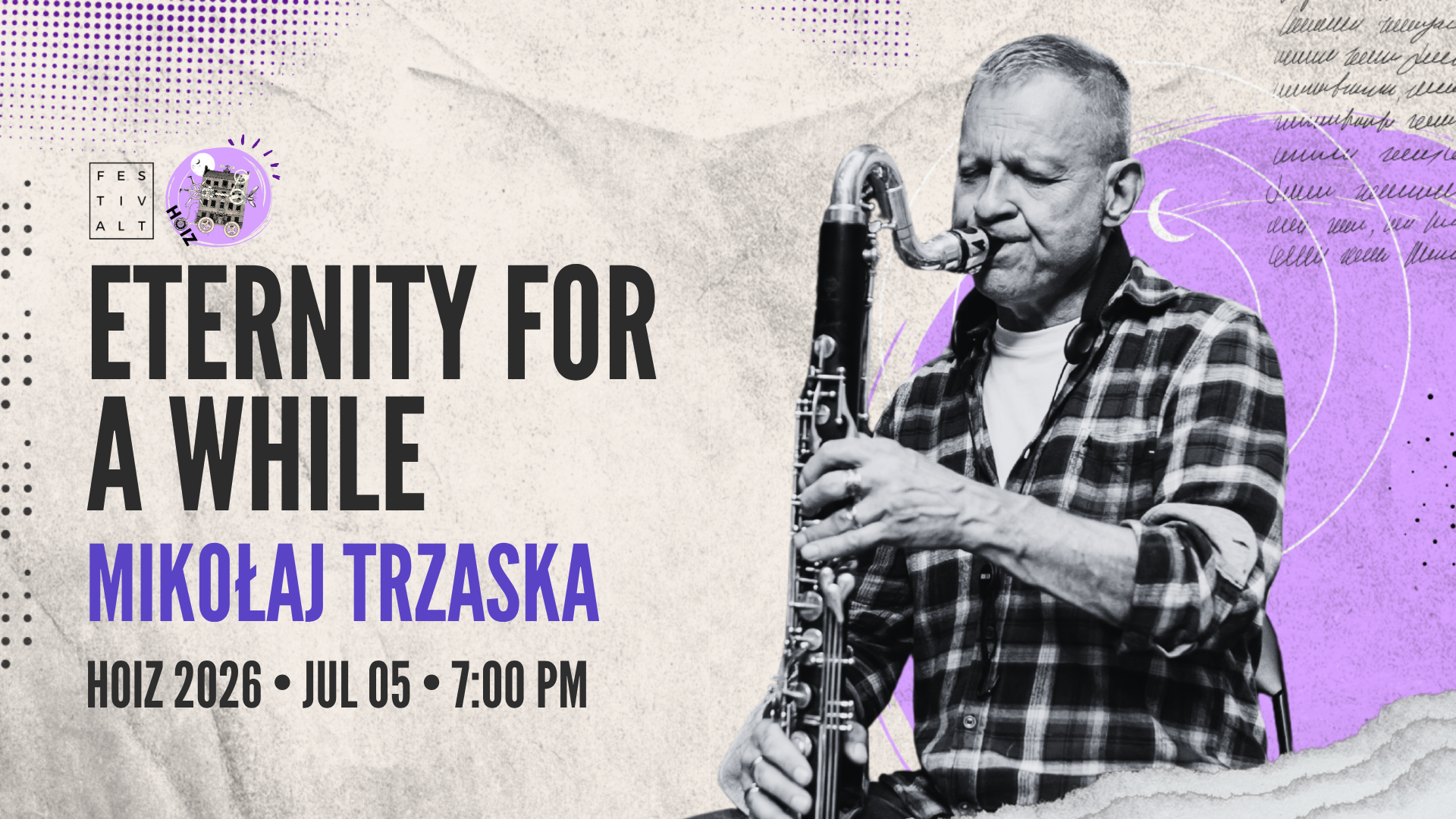 Grafika przedstawiająca zaproszenie na koncert Mikołaja Trzaski w ramach wydarzenia FestivALT 2026.