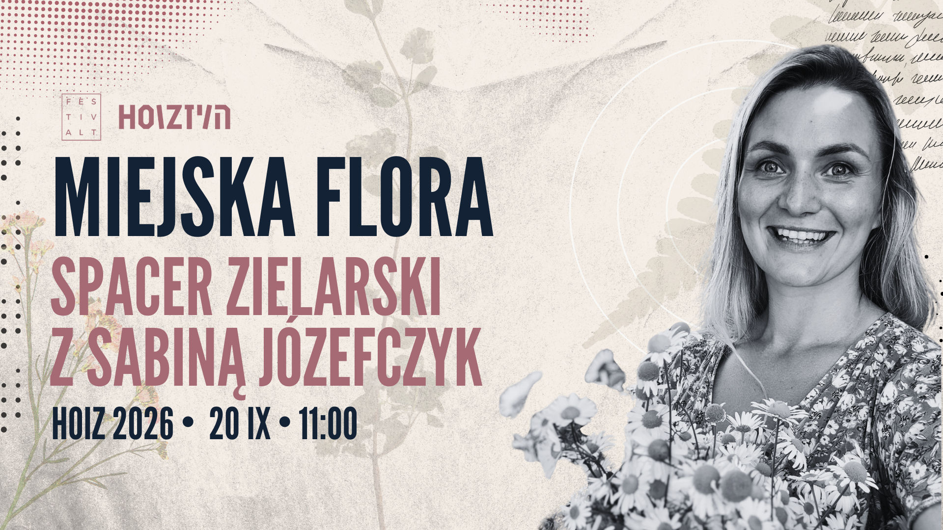Grafika przedstawiająca zaproszenie na spacer Miejska Flora prowadzony przez Sabinę Józefczyk, 20.09.2026.