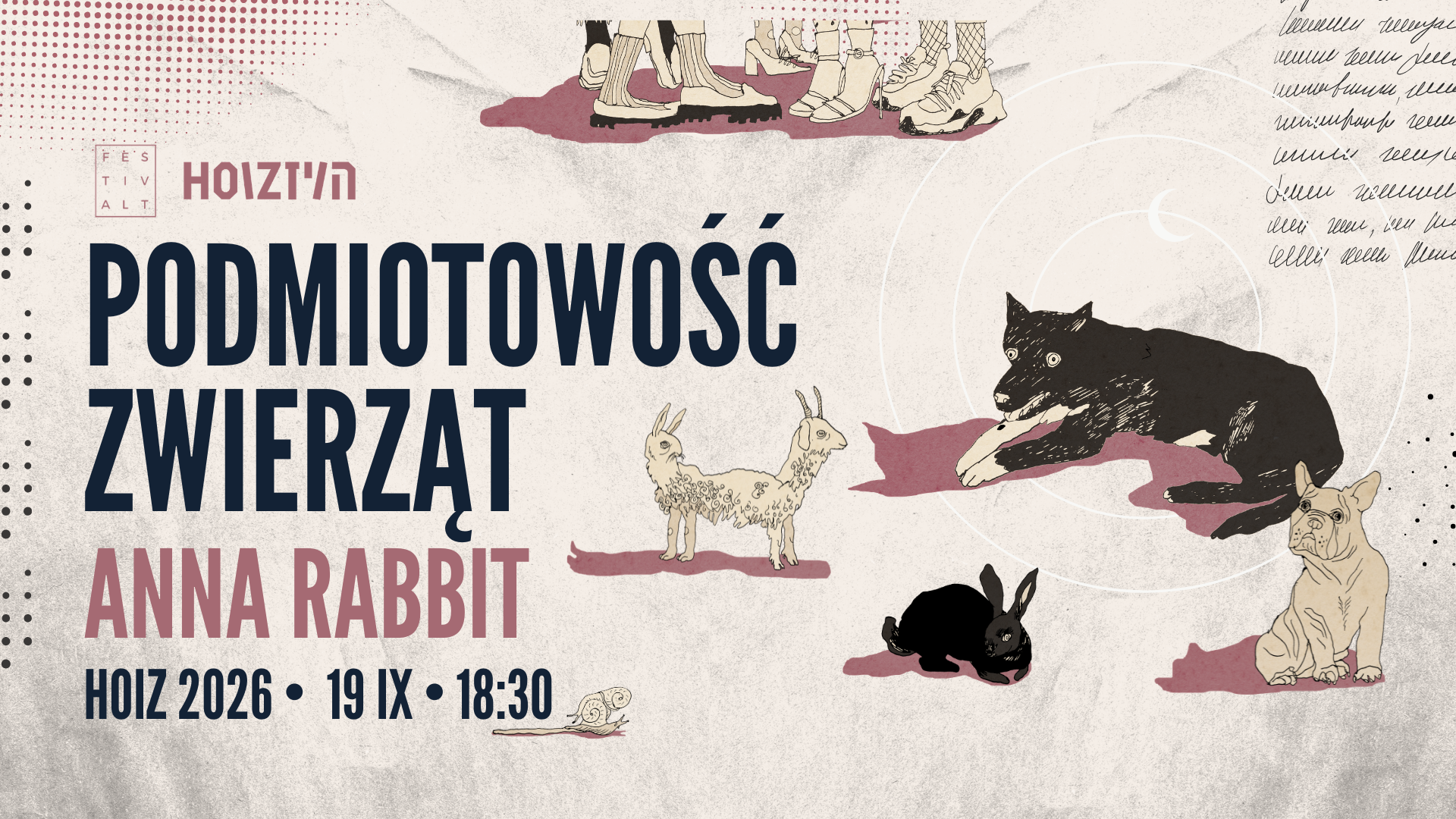 Grafika przedstawiająca zaproszenie na performans Podmiotowość Zwierząt prowadzony przez Annę Rabbit 19 września 2026.