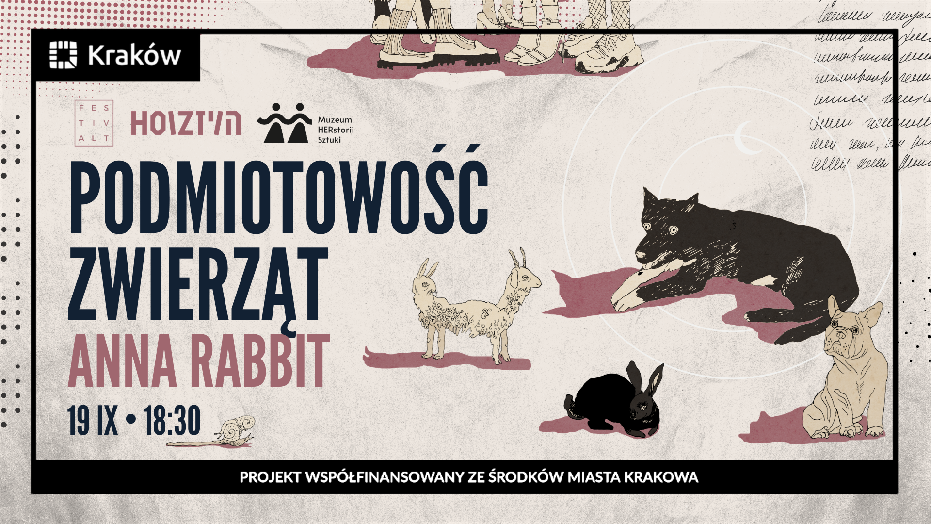 Grafika przedstawiająca zaproszenie na wydarzenie Podmiotowość Zwierząt, które odbywa się w ramach HOIZ.