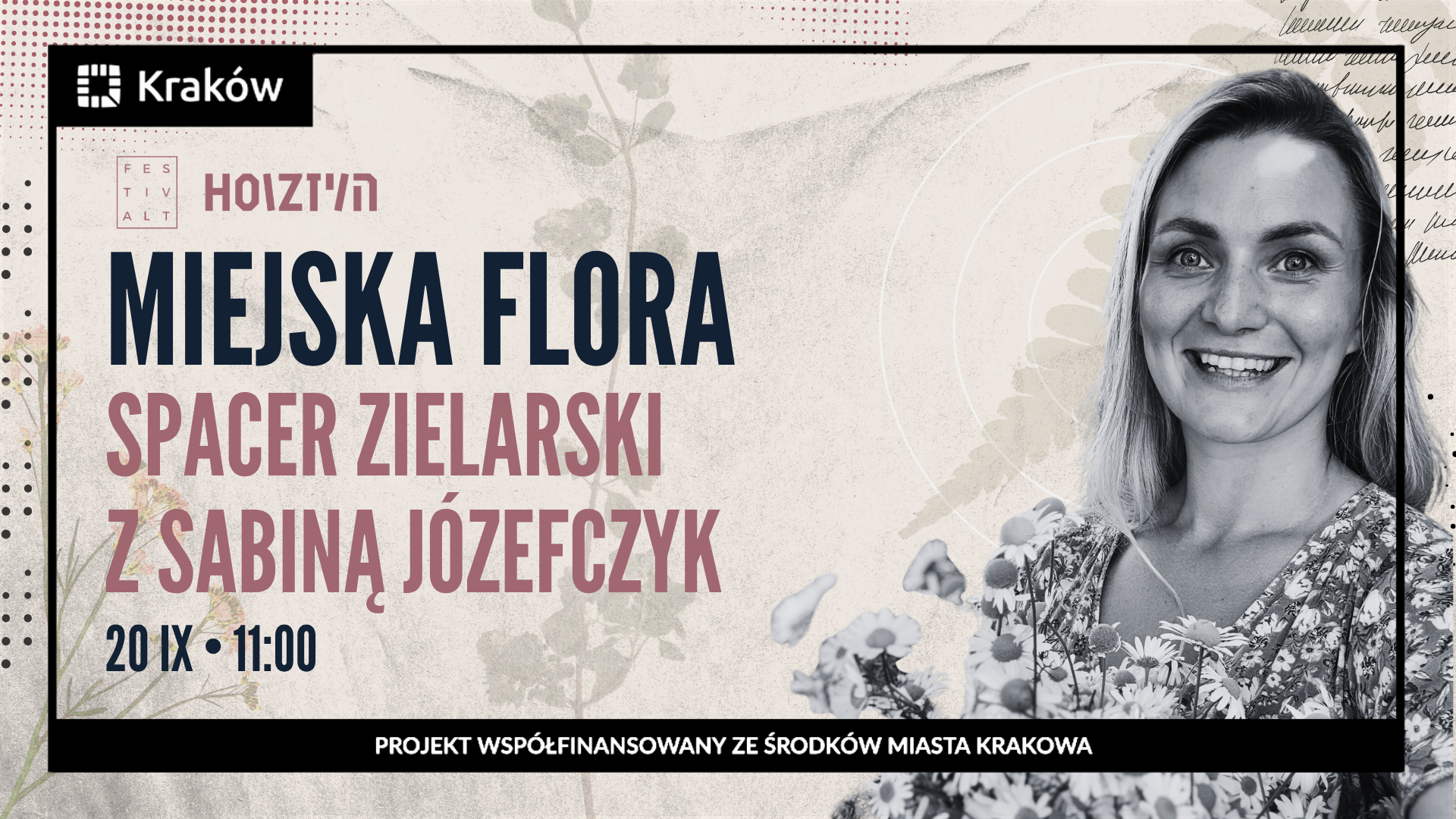 Grafika przedstawiająca zaproszenie na wydarzenie Miejska Flora, które odbywa się w ramach HOIZ.
