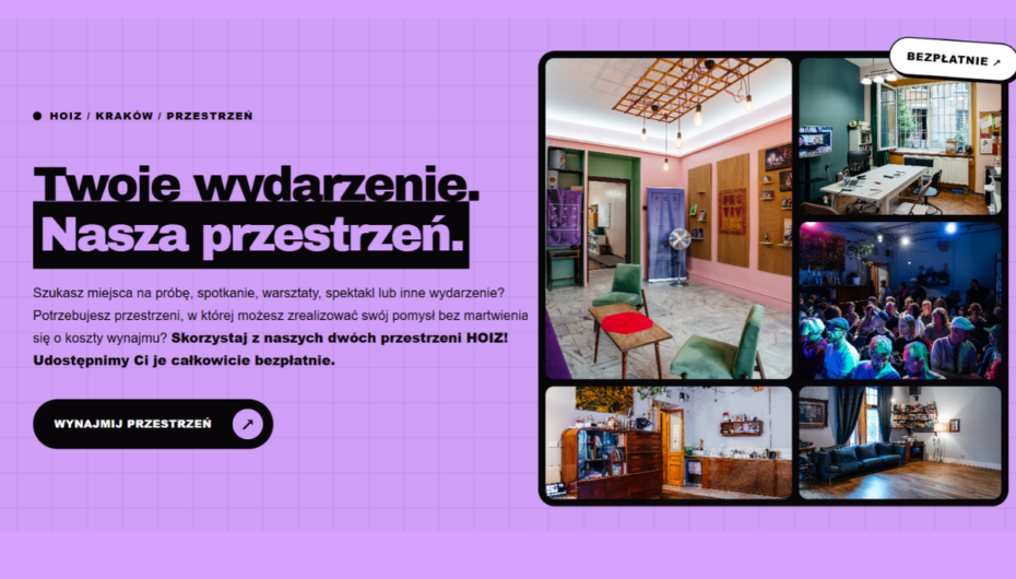 Grafika zachęcająca do wynajęcia przestrzeni w ramach projektu HOIZ.