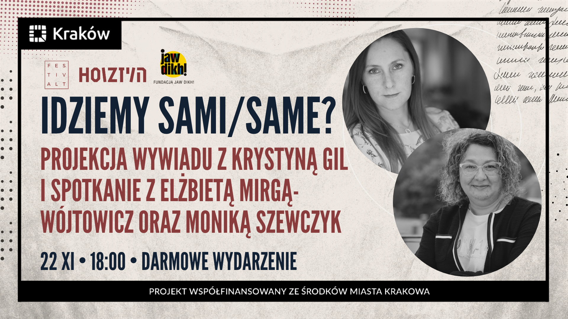 Grafika przedstawiająca zaproszenie na kolejną odsłonę wydarzenia Idziemy Sami/Same, które odbędzie się w ramach HOIZ 22.11.2026