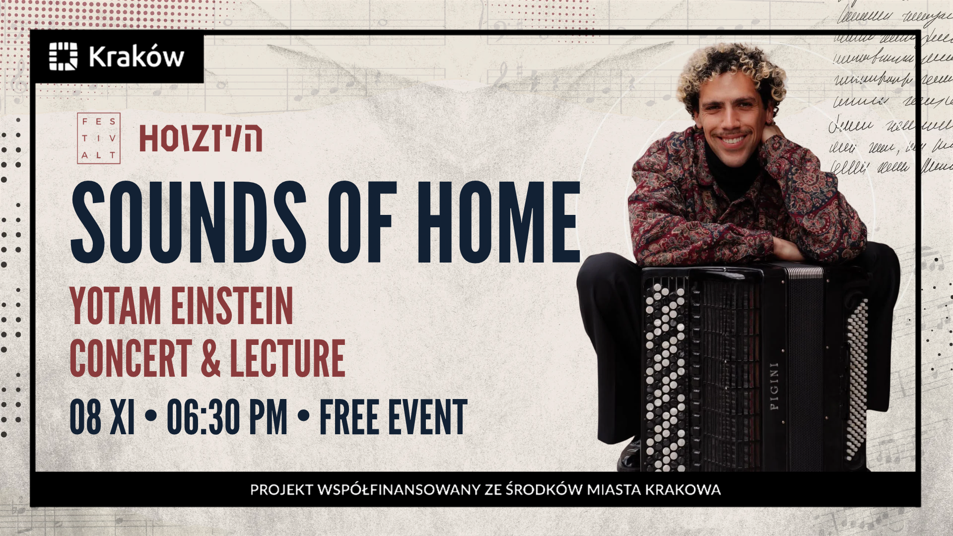 Grafika przedstawiająca zaproszenie na wydarzenie "Sounds of Home", które odbędzie się w ramach HOIZ 07.11.2026